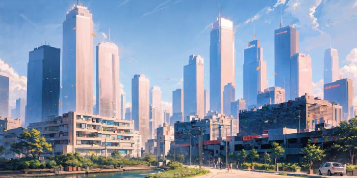 anime background, hong kong, city, business buildings, sunny, skyscraper, sky, blue sky, landscape, cityscape, generative ai, generative, ai