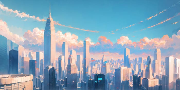 anime background, hong kong, city, business buildings, sunny, skyscraper, sky, blue sky, landscape, cityscape, generative ai, generative, ai