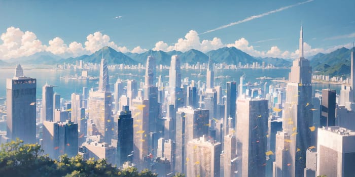 anime background, hong kong, city, business buildings, sunny, skyscraper, sky, blue sky, landscape, cityscape, generative ai, generative, ai