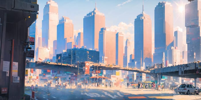 anime background, hong kong, city, business buildings, sunny, skyscraper, sky, blue sky, landscape, cityscape, generative ai, generative, ai