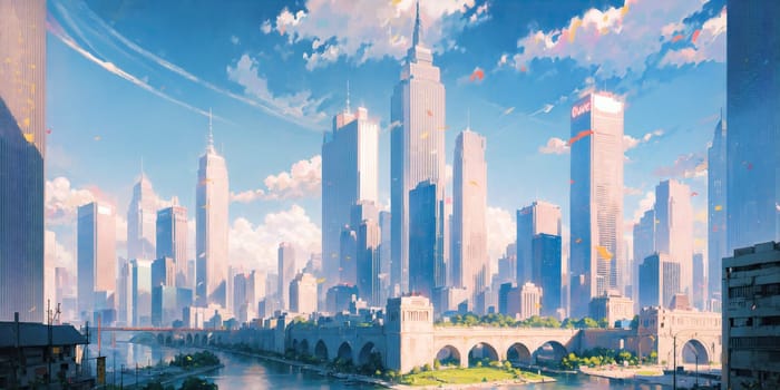 anime background, hong kong, city, business buildings, sunny, skyscraper, sky, blue sky, landscape, cityscape, generative ai, generative, ai