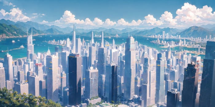 anime background, hong kong, city, business buildings, sunny, skyscraper, sky, blue sky, landscape, cityscape, generative ai, generative, ai