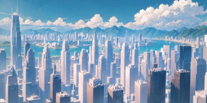 anime background, hong kong, city, business buildings, sunny, skyscraper, sky, blue sky, landscape, cityscape, generative ai, generative, ai