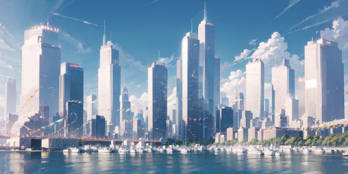 anime background, hong kong, city, business buildings, sunny, skyscraper, sky, blue sky, landscape, cityscape, generative ai, generative, ai