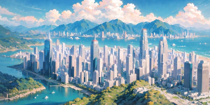 anime background, hong kong, city, business buildings, sunny, skyscraper, sky, blue sky, landscape, cityscape, generative ai, generative, ai