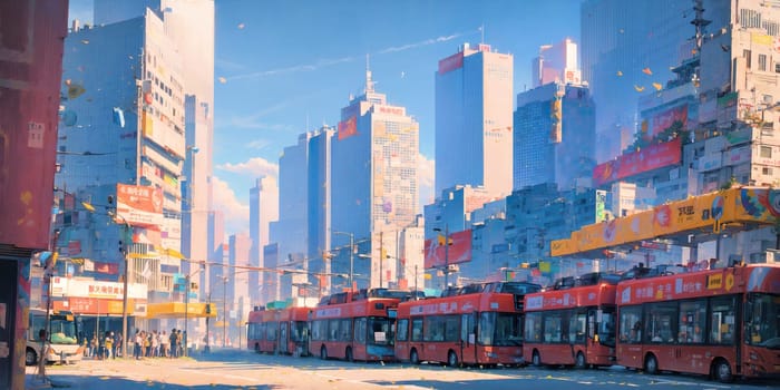 anime background, hong kong, city, business buildings, sunny, skyscraper, sky, blue sky, landscape, cityscape, generative ai, generative, ai