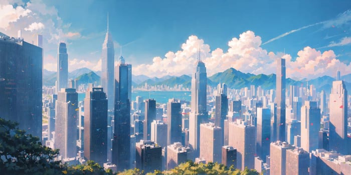 anime background, hong kong, city, business buildings, sunny, skyscraper, sky, blue sky, landscape, cityscape, generative ai, generative, ai