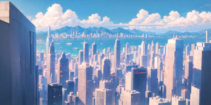 anime background, hong kong, city, business buildings, sunny, skyscraper, sky, blue sky, landscape, cityscape, generative ai, generative, ai