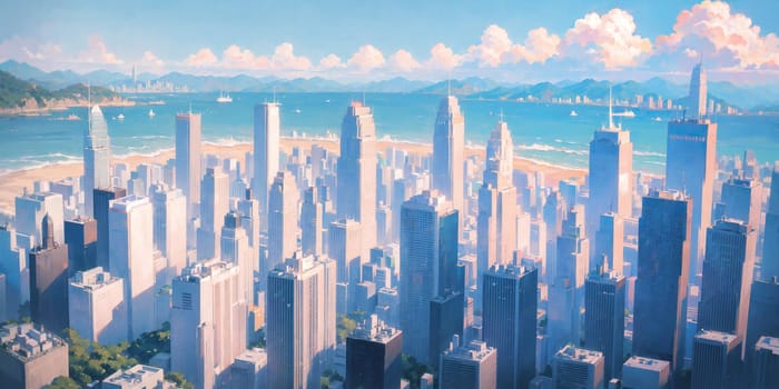 anime background, hong kong, city, business buildings, sunny, skyscraper, sky, blue sky, landscape, cityscape, generative ai, generative, ai