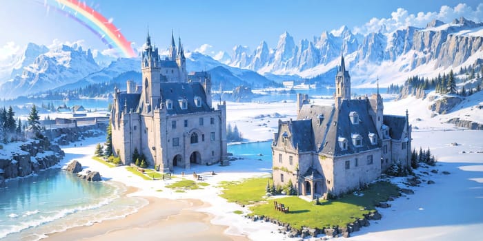 anime style background, landscape, cityscape, rainbow, snow, winter, cold, white, blue sky, sky, castle, ice, travel, generative ai, generative, ai