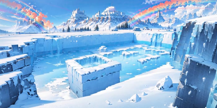 anime style background, landscape, cityscape, rainbow, snow, winter, cold, white, blue sky, sky, castle, ice, travel, generative ai, generative, ai