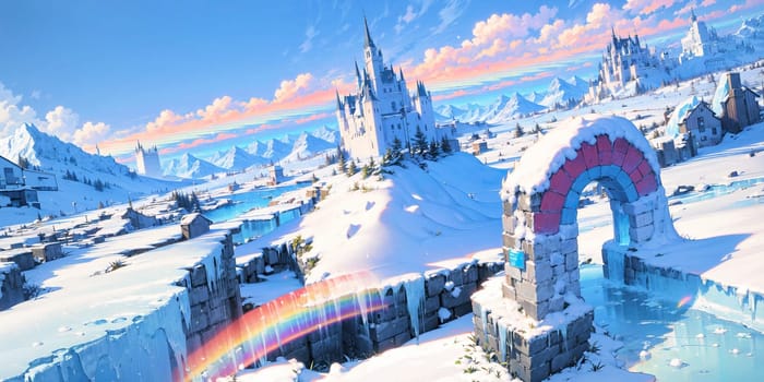 anime style background, landscape, cityscape, rainbow, snow, winter, cold, white, blue sky, sky, castle, ice, travel, generative ai, generative, ai