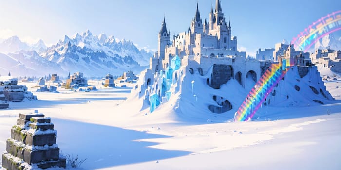 anime style background, landscape, cityscape, rainbow, snow, winter, cold, white, blue sky, sky, castle, ice, travel, generative ai, generative, ai