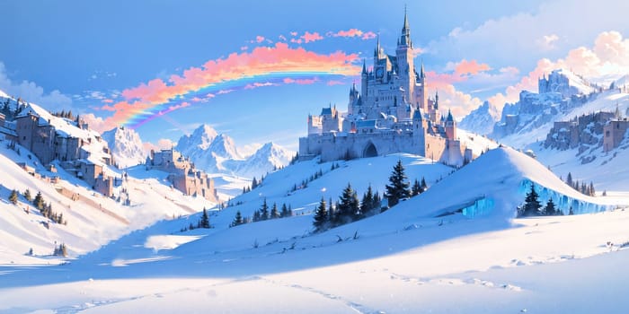 anime style background, landscape, cityscape, rainbow, snow, winter, cold, white, blue sky, sky, castle, ice, travel, generative ai, generative, ai