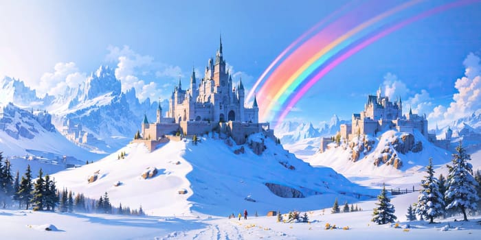 anime style background, landscape, cityscape, rainbow, snow, winter, cold, white, blue sky, sky, castle, ice, travel, generative ai, generative, ai