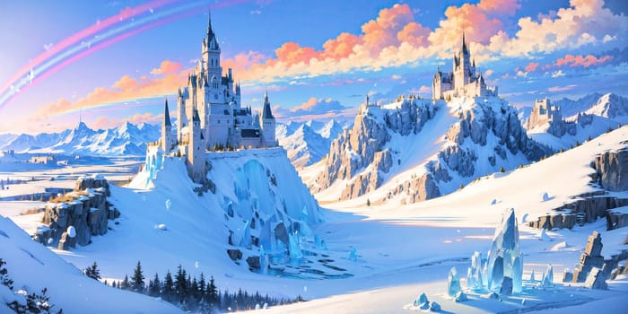 anime style background, landscape, cityscape, rainbow, snow, winter, cold, white, blue sky, sky, castle, ice, travel, generative ai, generative, ai