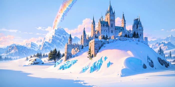 anime style background, landscape, cityscape, rainbow, snow, winter, cold, white, blue sky, sky, castle, ice, travel, generative ai, generative, ai