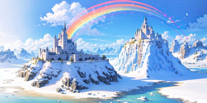 anime style background, landscape, cityscape, rainbow, snow, winter, cold, white, blue sky, sky, castle, ice, travel, generative ai, generative, ai