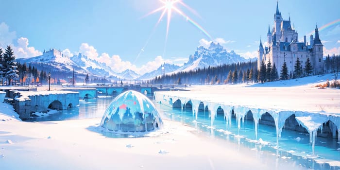 anime style background, landscape, cityscape, rainbow, snow, winter, cold, white, blue sky, sky, castle, ice, travel, generative ai, generative, ai