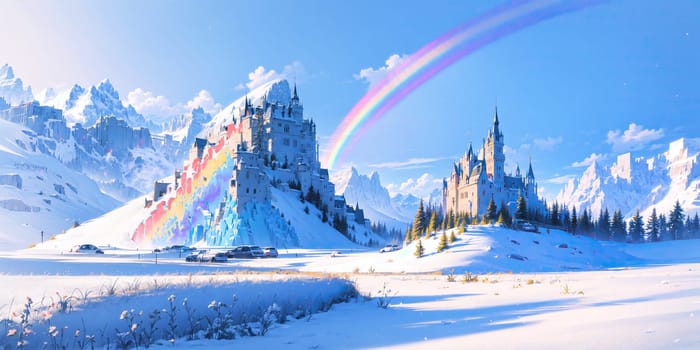 anime style background, landscape, cityscape, rainbow, snow, winter, cold, white, blue sky, sky, castle, ice, travel, generative ai, generative, ai