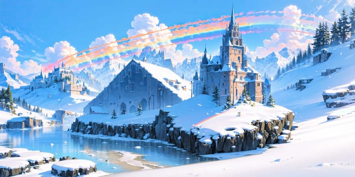 anime style background, landscape, cityscape, rainbow, snow, winter, cold, white, blue sky, sky, castle, ice, travel, generative ai, generative, ai