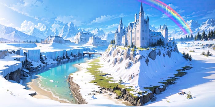 anime style background, landscape, cityscape, rainbow, snow, winter, cold, white, blue sky, sky, castle, ice, travel, generative ai, generative, ai