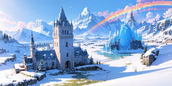 anime style background, landscape, cityscape, rainbow, snow, winter, cold, white, blue sky, sky, castle, ice, travel, generative ai, generative, ai