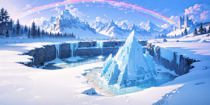 anime style background, landscape, cityscape, rainbow, snow, winter, cold, white, blue sky, sky, castle, ice, travel, generative ai, generative, ai