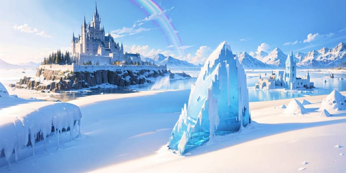 anime style background, landscape, cityscape, rainbow, snow, winter, cold, white, blue sky, sky, castle, ice, travel, generative ai, generative, ai