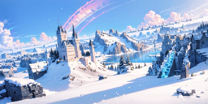 anime style background, landscape, cityscape, rainbow, snow, winter, cold, white, blue sky, sky, castle, ice, travel, generative ai, generative, ai