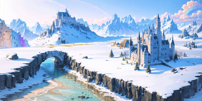 anime style background, landscape, cityscape, rainbow, snow, winter, cold, white, blue sky, sky, castle, ice, travel, generative ai, generative, ai