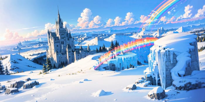 anime style background, landscape, cityscape, rainbow, snow, winter, cold, white, blue sky, sky, castle, ice, travel, generative ai, generative, ai