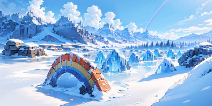 anime style background, landscape, cityscape, rainbow, snow, winter, cold, white, blue sky, sky, castle, ice, travel, generative ai, generative, ai