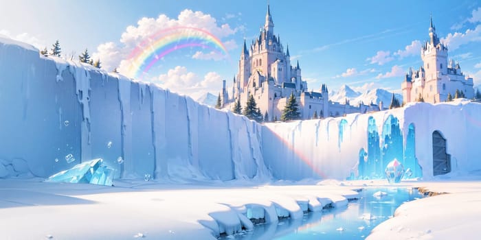 anime style background, landscape, cityscape, rainbow, snow, winter, cold, white, blue sky, sky, castle, ice, travel, generative ai, generative, ai