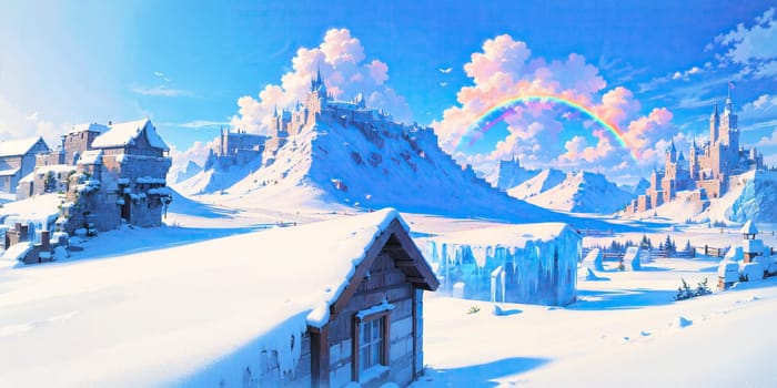 anime style background, landscape, cityscape, rainbow, snow, winter, cold, white, blue sky, sky, castle, ice, travel, generative ai, generative, ai