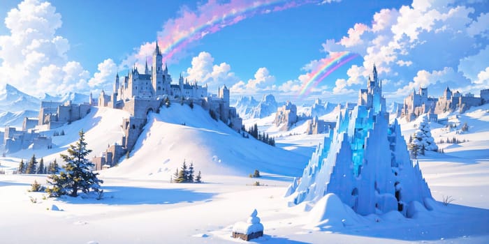 anime style background, landscape, cityscape, rainbow, snow, winter, cold, white, blue sky, sky, castle, ice, travel, generative ai, generative, ai