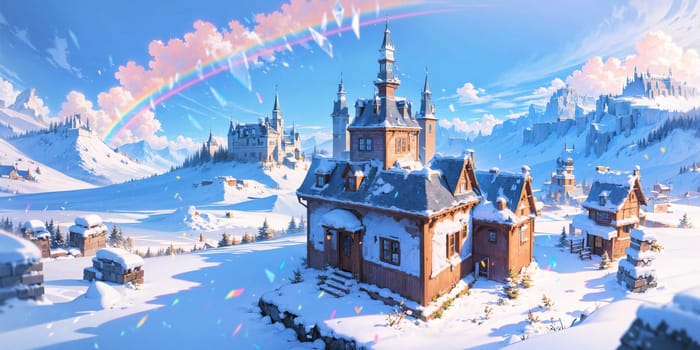 anime style background, landscape, cityscape, rainbow, snow, winter, cold, white, blue sky, sky, castle, ice, travel, generative ai, generative, ai