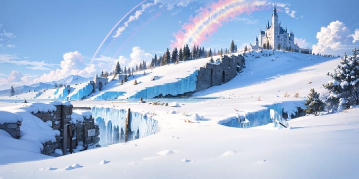 anime style background, landscape, cityscape, rainbow, snow, winter, cold, white, blue sky, sky, castle, ice, travel, generative ai, generative, ai