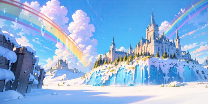 anime style background, landscape, cityscape, rainbow, snow, winter, cold, white, blue sky, sky, castle, ice, travel, generative ai, generative, ai