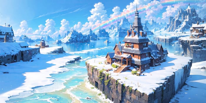 anime style background, landscape, cityscape, rainbow, snow, winter, cold, white, blue sky, sky, castle, ice, travel, generative ai, generative, ai