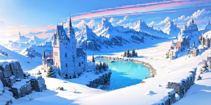 anime style background, landscape, cityscape, rainbow, snow, winter, cold, white, blue sky, sky, castle, ice, travel, generative ai, generative, ai