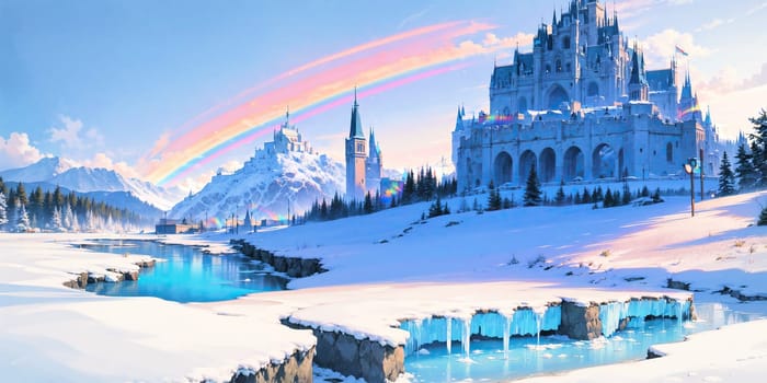 anime style background, landscape, cityscape, rainbow, snow, winter, cold, white, blue sky, sky, castle, ice, travel, generative ai, generative, ai