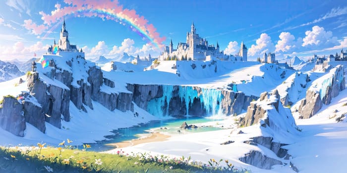 anime style background, landscape, cityscape, rainbow, snow, winter, cold, white, blue sky, sky, castle, ice, travel, generative ai, generative, ai