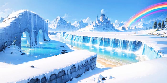 anime style background, landscape, cityscape, rainbow, snow, winter, cold, white, blue sky, sky, castle, ice, travel, generative ai, generative, ai