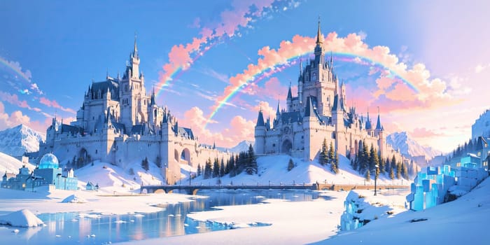 anime style background, landscape, cityscape, rainbow, snow, winter, cold, white, blue sky, sky, castle, ice, travel, generative ai, generative, ai