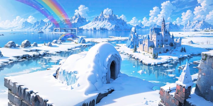 anime style background, landscape, cityscape, rainbow, snow, winter, cold, white, blue sky, sky, castle, ice, travel, generative ai, generative, ai