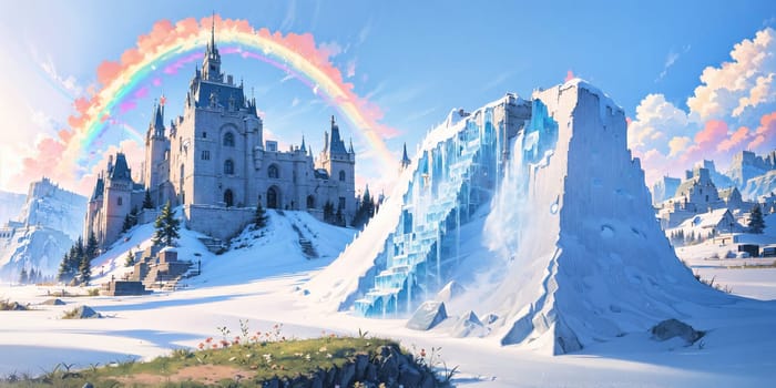 anime style background, landscape, cityscape, rainbow, snow, winter, cold, white, blue sky, sky, castle, ice, travel, generative ai, generative, ai