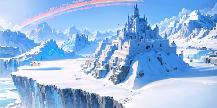 anime style background, landscape, cityscape, rainbow, snow, winter, cold, white, blue sky, sky, castle, ice, travel, generative ai, generative, ai