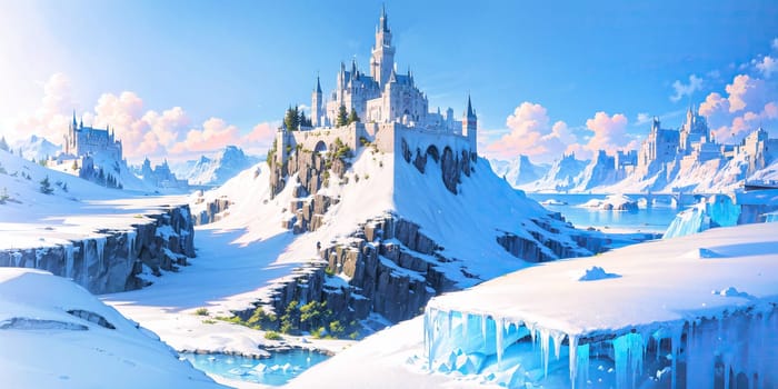 anime style background, landscape, cityscape, rainbow, snow, winter, cold, white, blue sky, sky, castle, ice, travel, generative ai, generative, ai