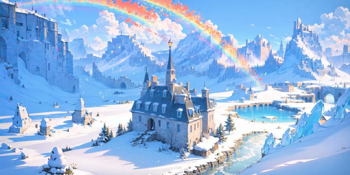 anime style background, landscape, cityscape, rainbow, snow, winter, cold, white, blue sky, sky, castle, ice, travel, generative ai, generative, ai